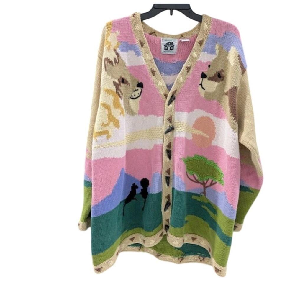 Storybook Knits Vintage Lion Safari Cardigan Sweater 2X African Savanna Pastel